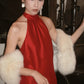 Robe de soirée longue élégante en satin avec bretelles rouges NV6603