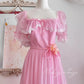 Pink Retro Sweet Cute Fashion Exquisite Lace Bow Puff Sleeve Ruffle Princess Dress Long Tulle Chiffon Ball Dress Evening Dress Birthday Adult Ceremony Party Dress nv4090