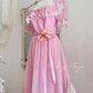 Pink Retro Sweet Cute Fashion Exquisite Lace Bow Puff Sleeve Ruffle Princess Dress Long Tulle Chiffon Ball Dress Evening Dress Birthday Adult Ceremony Party Dress nv4090