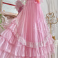 Pink Retro Sweet Cute Fashion Exquisite Lace Bow Puff Sleeve Ruffle Princess Dress Long Tulle Chiffon Ball Dress Evening Dress Birthday Adult Ceremony Party Dress nv4090