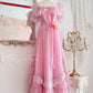 Pink Retro Sweet Cute Fashion Exquisite Lace Bow Puff Sleeve Ruffle Princess Dress Long Tulle Chiffon Ball Dress Evening Dress Birthday Adult Ceremony Party Dress nv4090