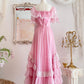 Pink Retro Sweet Cute Fashion Exquisite Lace Bow Puff Sleeve Ruffle Princess Dress Long Tulle Chiffon Ball Dress Evening Dress Birthday Adult Ceremony Party Dress nv4090