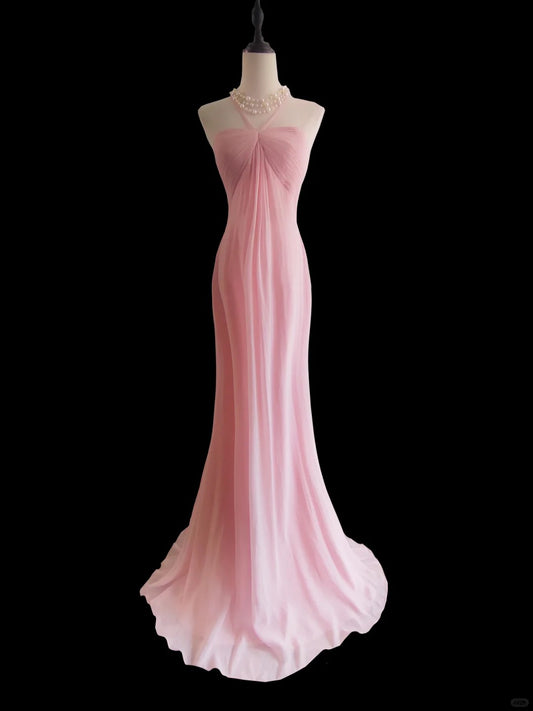 Pink Fashion Elegant Suspender Long Mermaid Slim Fishtail Skirt Chiffon Floor Length Train Ball Gown Evening Dress Wedding Bridesmaid Party Dress Prom Dress nv3865