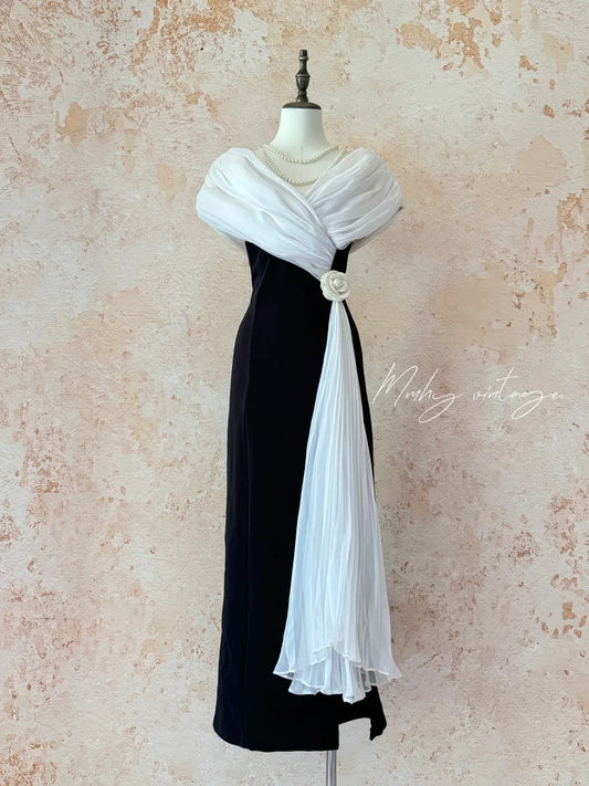 Black and white classic retro elegant Hepburn style with camellia on the waist long left lower skirt small slit slim fit satin tulle ball gown evening gown adult dress birthday gown ball gown nv4095
