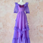 Grape Purple Retro Fashion Cute Puff Sleeves Wood Ear Edge Long Tulle Chiffon Ball Gown Evening Gown Birthday Adult Ceremony Party Gown nv4093