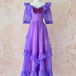 Grape Purple Retro Fashion Cute Puff Sleeves Wood Ear Edge Long Tulle Chiffon Ball Gown Evening Gown Birthday Adult Ceremony Party Gown nv4093