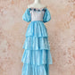 Blue Ice Rose Cake Dress Retro Sweet Cute Fashion Puff Sleeves Ruffle Princess Dress Long Cake Skirt Tulle Chiffon Ball Dress Evening Dress Birthday Adult Ceremony Party Dress nv4091