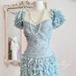 Haze blue retro sweet cute fashion pleated heavy feather tulle gauze small dress short prom dress evening dress birthday party dress nv4089