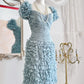 Haze blue retro sweet cute fashion pleated heavy feather tulle gauze small dress short prom dress evening dress birthday party dress nv4089
