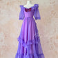 Grape Purple Retro Fashion Cute Puff Sleeves Wood Ear Edge Long Tulle Chiffon Ball Gown Evening Gown Birthday Adult Ceremony Party Gown nv4093