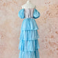 Blue Ice Rose Cake Dress Retro Sweet Cute Fashion Puff Sleeves Ruffle Princess Dress Long Cake Skirt Tulle Chiffon Ball Dress Evening Dress Birthday Adult Ceremony Party Dress nv4091