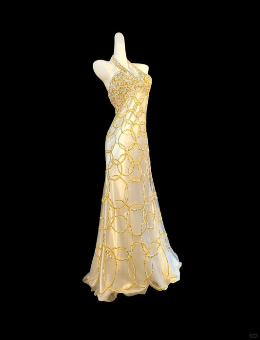 Elegant yellow, beaded satin long mermaid prom dress, evening gown nv5227