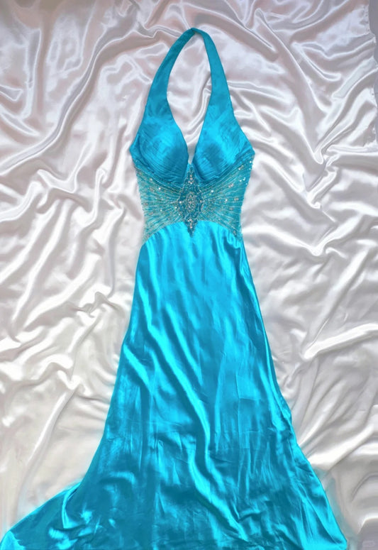 Blue exquisite beaded elegant long satin prom dress evening gown nv5238