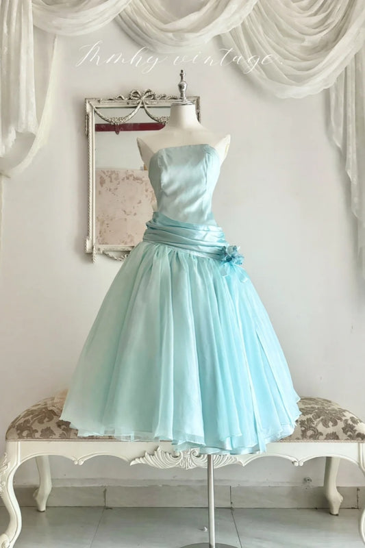 Robe de soirée bustier en satin vert menthe, longueur thé NV6544