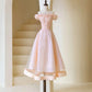 Pink Tulle Beaded Tea Length Prom Dress, Pink A-Line Off Shoulder Party Dress nv1537