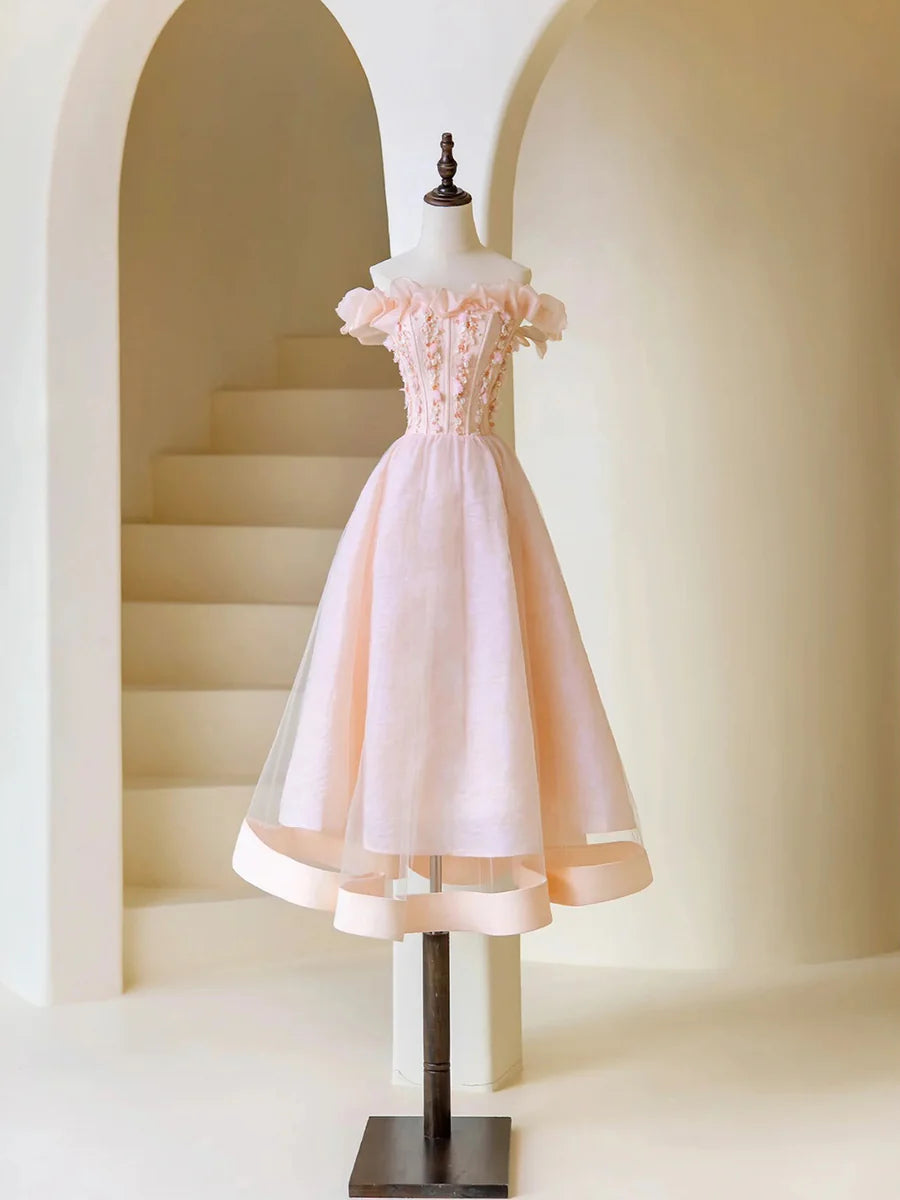 Pink Tulle Beaded Tea Length Prom Dress, Pink A-Line Off Shoulder Party Dress nv1537