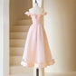 Pink Tulle Beaded Tea Length Prom Dress, Pink A-Line Off Shoulder Party Dress nv1537