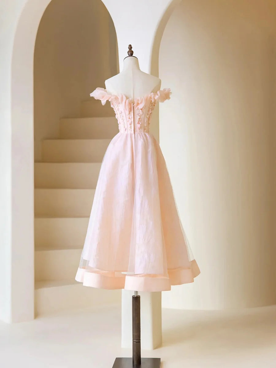 Pink Tulle Beaded Tea Length Prom Dress, Pink A-Line Off Shoulder Party Dress nv1537