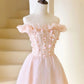 Pink Tulle Beaded Tea Length Prom Dress, Pink A-Line Off Shoulder Party Dress nv1537
