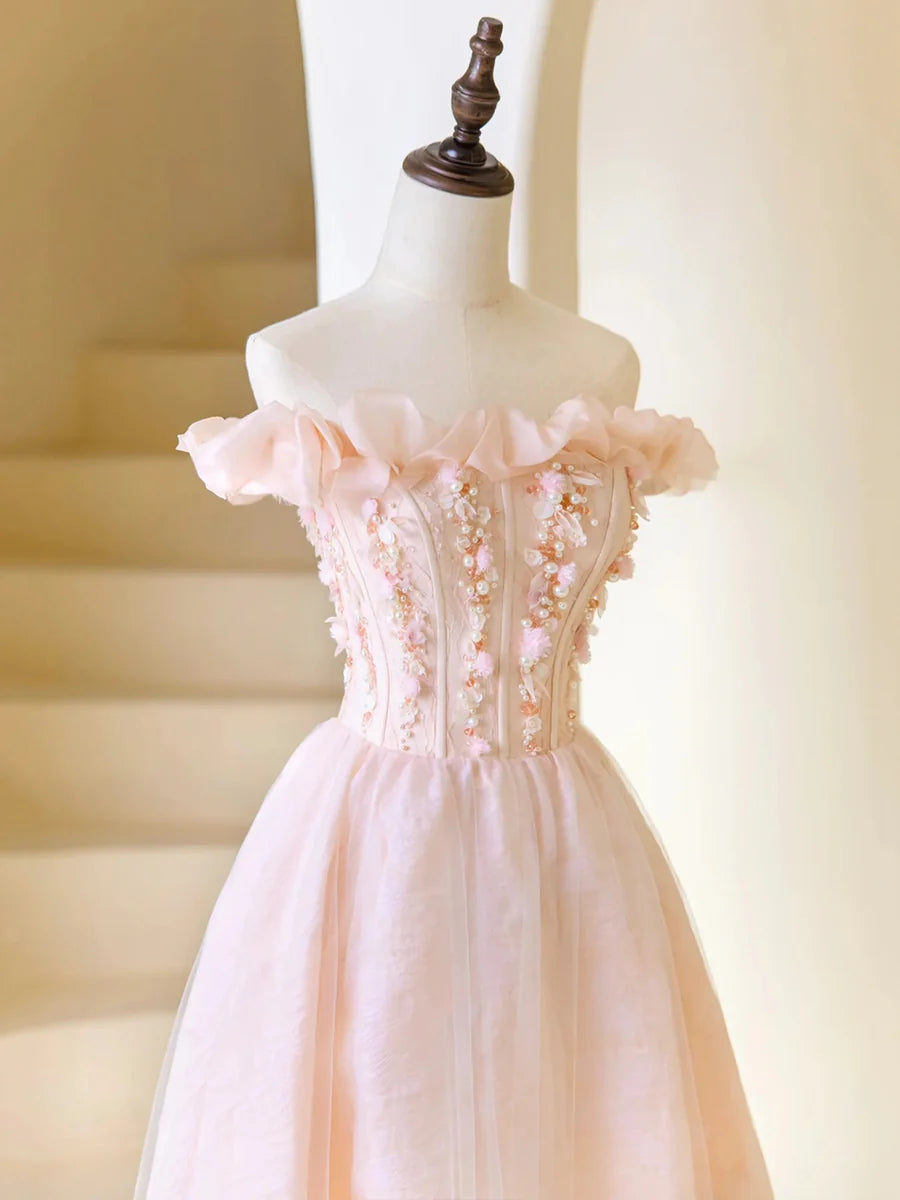 Pink Tulle Beaded Tea Length Prom Dress, Pink A-Line Off Shoulder Party Dress nv1537