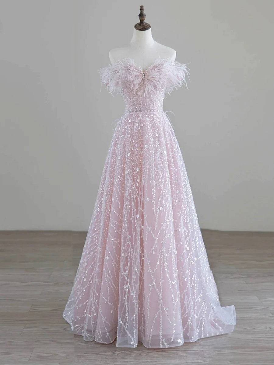 Sparkling Tulle Sequin Long Prom Dress, Off the Shoulder Pink Evening Party Dress nv1650