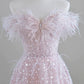 Sparkling Tulle Sequin Long Prom Dress, Off the Shoulder Pink Evening Party Dress nv1650