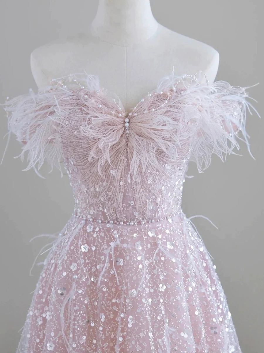 Sparkling Tulle Sequin Long Prom Dress, Off the Shoulder Pink Evening Party Dress nv1650