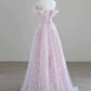 Sparkling Tulle Sequin Long Prom Dress, Off the Shoulder Pink Evening Party Dress nv1650