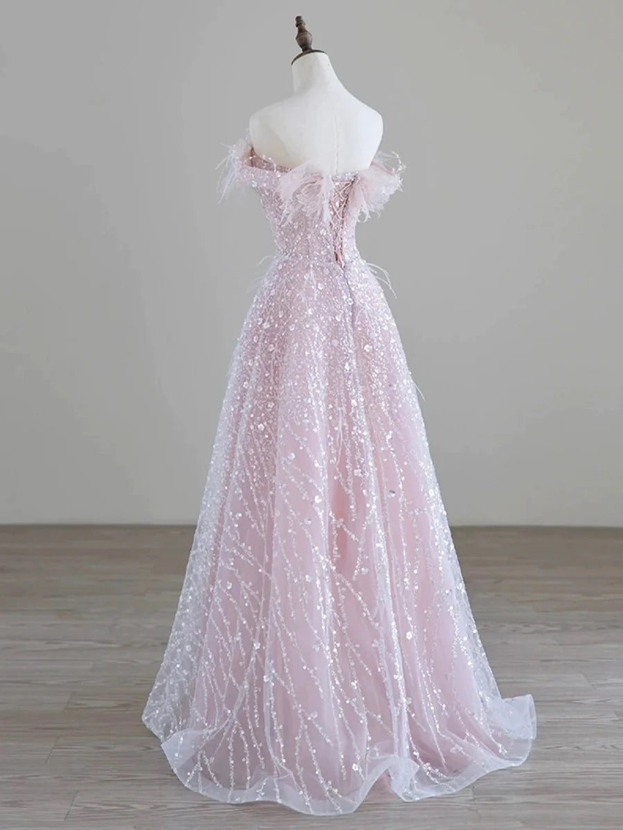 Sparkling Tulle Sequin Long Prom Dress, Off the Shoulder Pink Evening Party Dress nv1650
