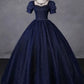 Navy Blue Tulle Beading Long Party Dress, Blue Scoop NecklineShort Sleeve Evening Dress nv1652