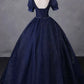 Navy Blue Tulle Beading Long Party Dress, Blue Scoop NecklineShort Sleeve Evening Dress nv1652
