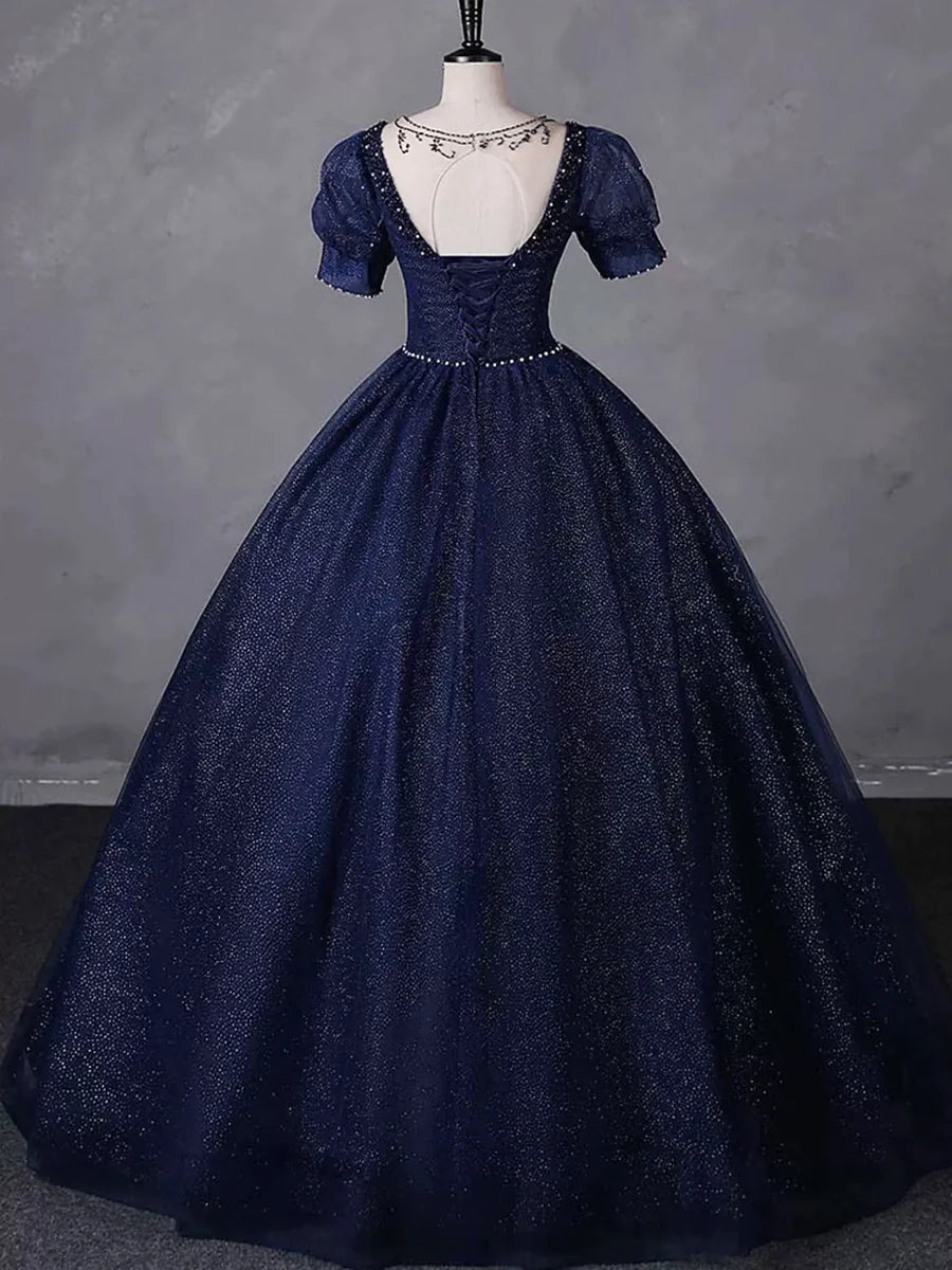Navy Blue Tulle Beading Long Party Dress, Blue Scoop NecklineShort Sleeve Evening Dress nv1652