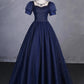 Navy Blue Tulle Beading Long Party Dress, Blue Scoop NecklineShort Sleeve Evening Dress nv1652