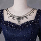 Navy Blue Tulle Beading Long Party Dress, Blue Scoop NecklineShort Sleeve Evening Dress nv1652