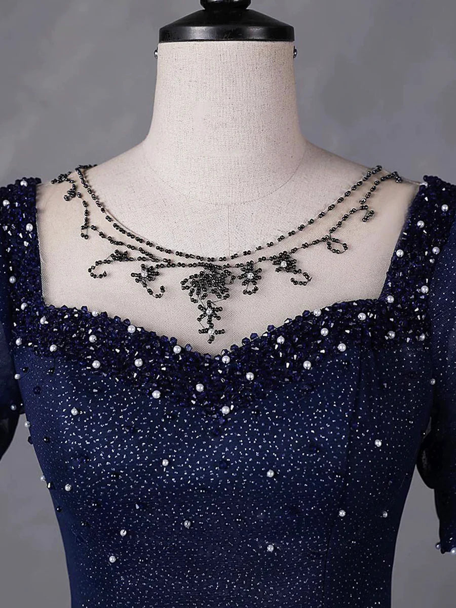 Navy Blue Tulle Beading Long Party Dress, Blue Scoop NecklineShort Sleeve Evening Dress nv1652