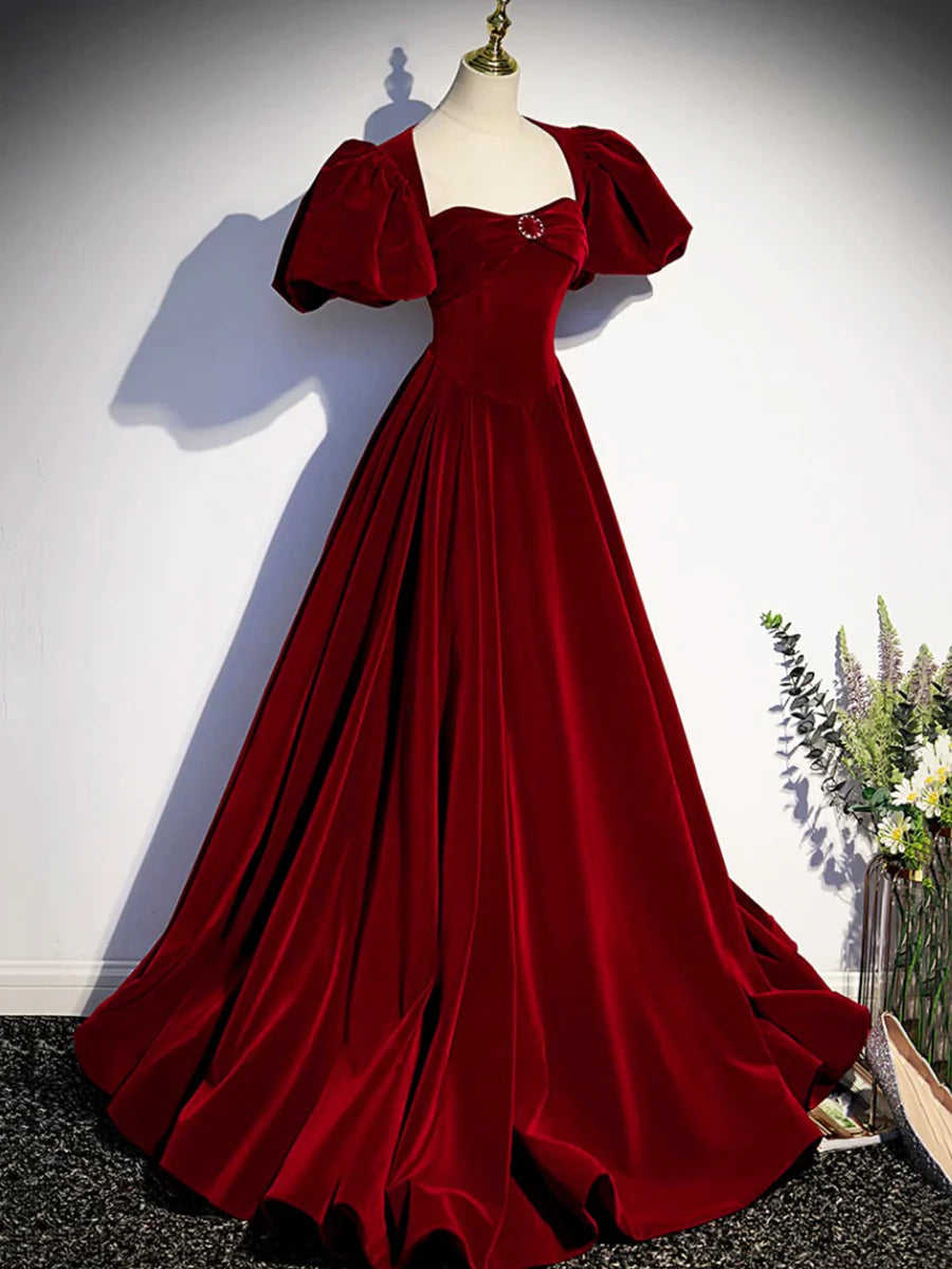 Burgundy Velvet Floor Length Prom Dress, Beautiful Open Back Evening Dress with Pearls nv1574