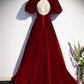 Burgundy Velvet Floor Length Prom Dress, Beautiful Open Back Evening Dress with Pearls nv1574