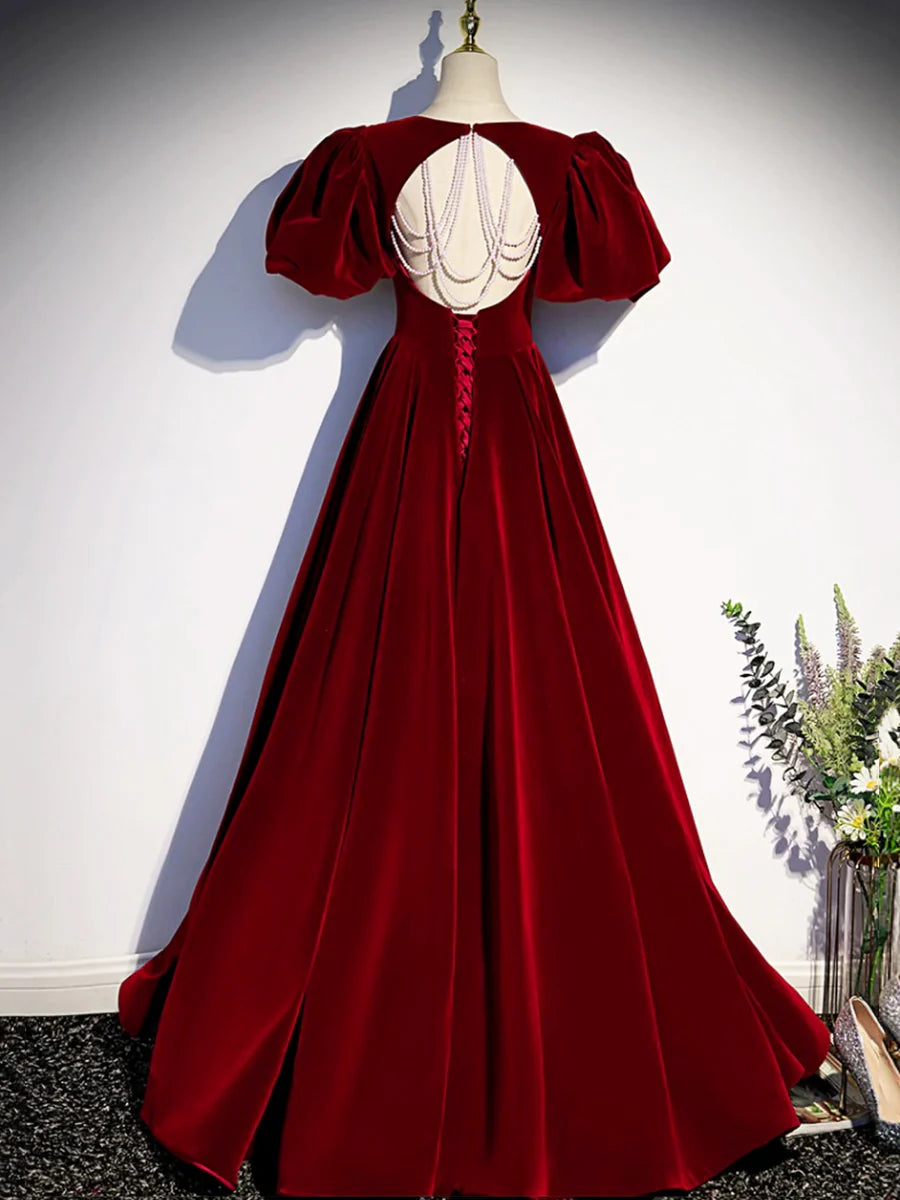 Burgundy Velvet Floor Length Prom Dress, Beautiful Open Back Evening Dress with Pearls nv1574