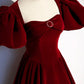 Burgundy Velvet Floor Length Prom Dress, Beautiful Open Back Evening Dress with Pearls nv1574