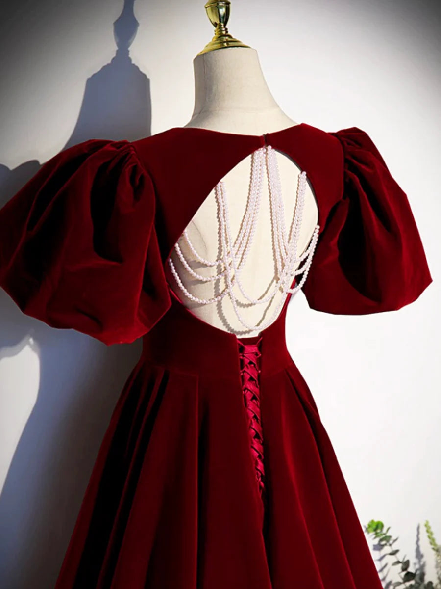 Burgundy Velvet Floor Length Prom Dress, Beautiful Open Back Evening Dress with Pearls nv1574