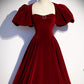 Burgundy Velvet Floor Length Prom Dress, Beautiful Open Back Evening Dress with Pearls nv1574