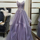 Purple Spaghetti Straps Lace Prom Dress, Lovely Tulle Corset Floor Length Evening Dress nv1426