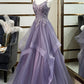 Purple Spaghetti Straps Lace Prom Dress, Lovely Tulle Corset Floor Length Evening Dress nv1426