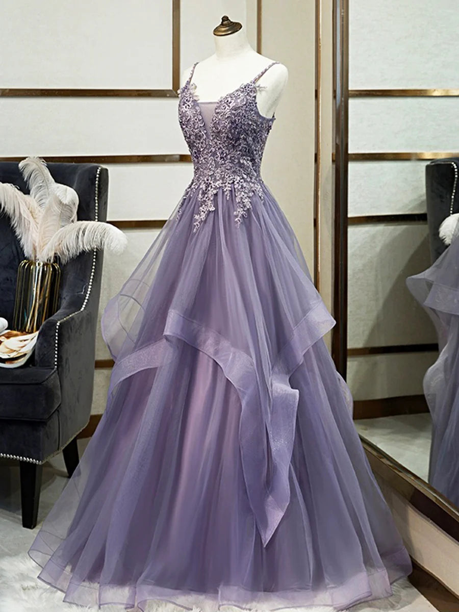 Purple Spaghetti Straps Lace Prom Dress, Lovely Tulle Corset Floor Length Evening Dress nv1426