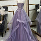 Purple Spaghetti Straps Lace Prom Dress, Lovely Tulle Corset Floor Length Evening Dress nv1426