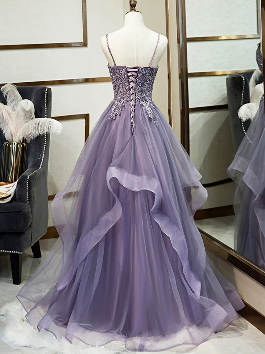 Purple Spaghetti Straps Lace Prom Dress, Lovely Tulle Corset Floor Length Evening Dress nv1426