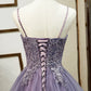 Purple Spaghetti Straps Lace Prom Dress, Lovely Tulle Corset Floor Length Evening Dress nv1426