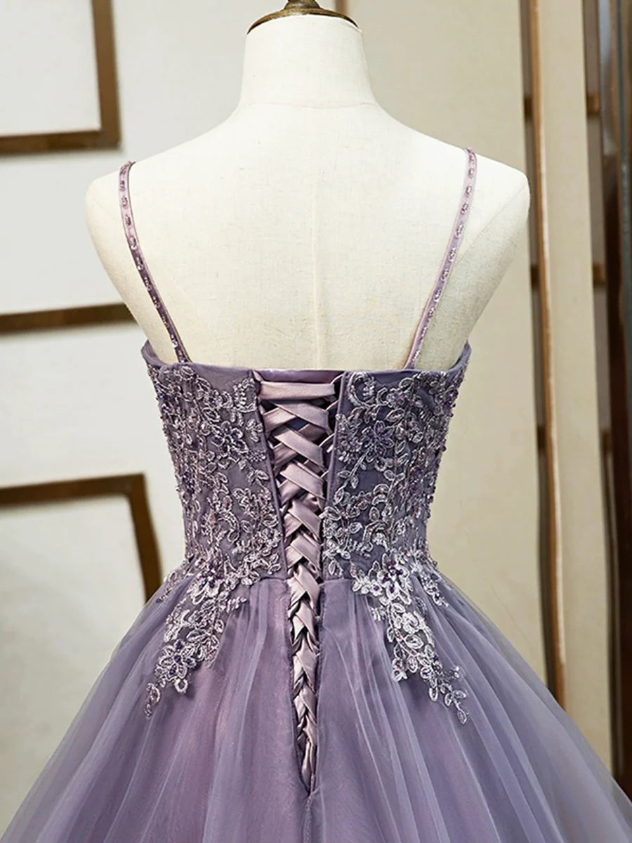 Purple Spaghetti Straps Lace Prom Dress, Lovely Tulle Corset Floor Length Evening Dress nv1426