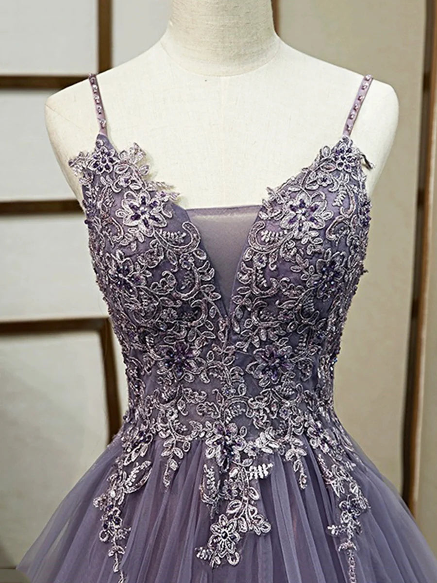 Purple Spaghetti Straps Lace Prom Dress, Lovely Tulle Corset Floor Length Evening Dress nv1426