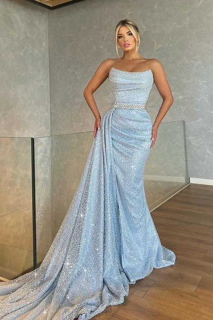 Baby Blue Strapless Sleeveless Beadings Mermaid Prom Dress With Sequins nv22